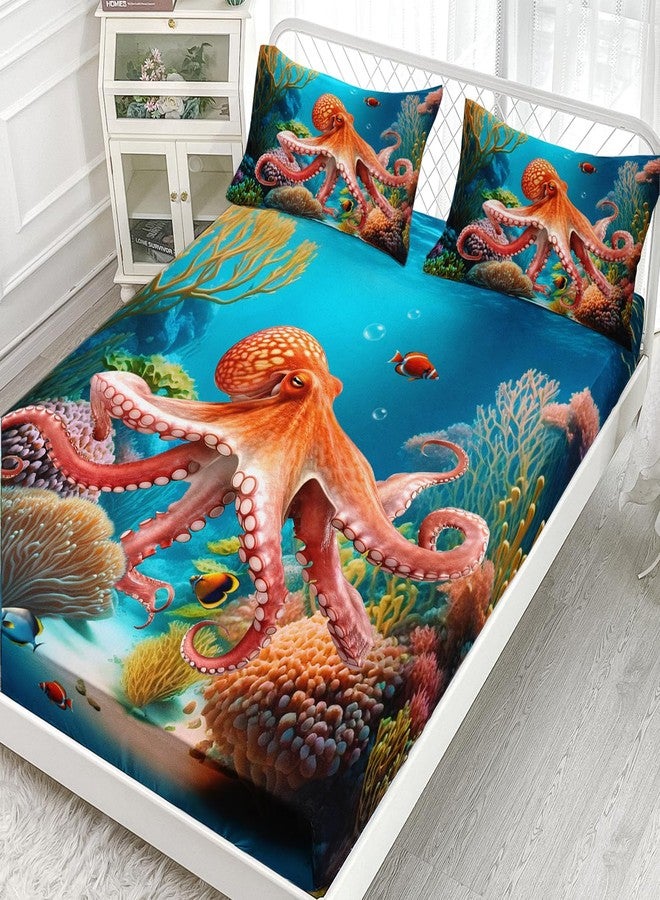 AILONEN Octopus Fitted Sheet Twin Size, 3D Octopus Turquoise Themed Bedding Set for Kids Boys,Boho Mandala Ocean Theme Bedding Set,3 Pieces,1 Soft Breathable Fitted Sheet and 2 Pillowcases - Image 2